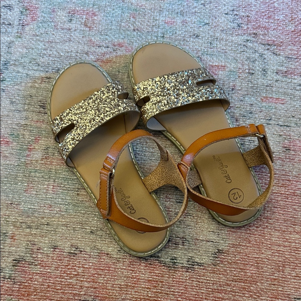 Cat & Jack Gold Glitter Slide Sandals with Tan Ankle Strap